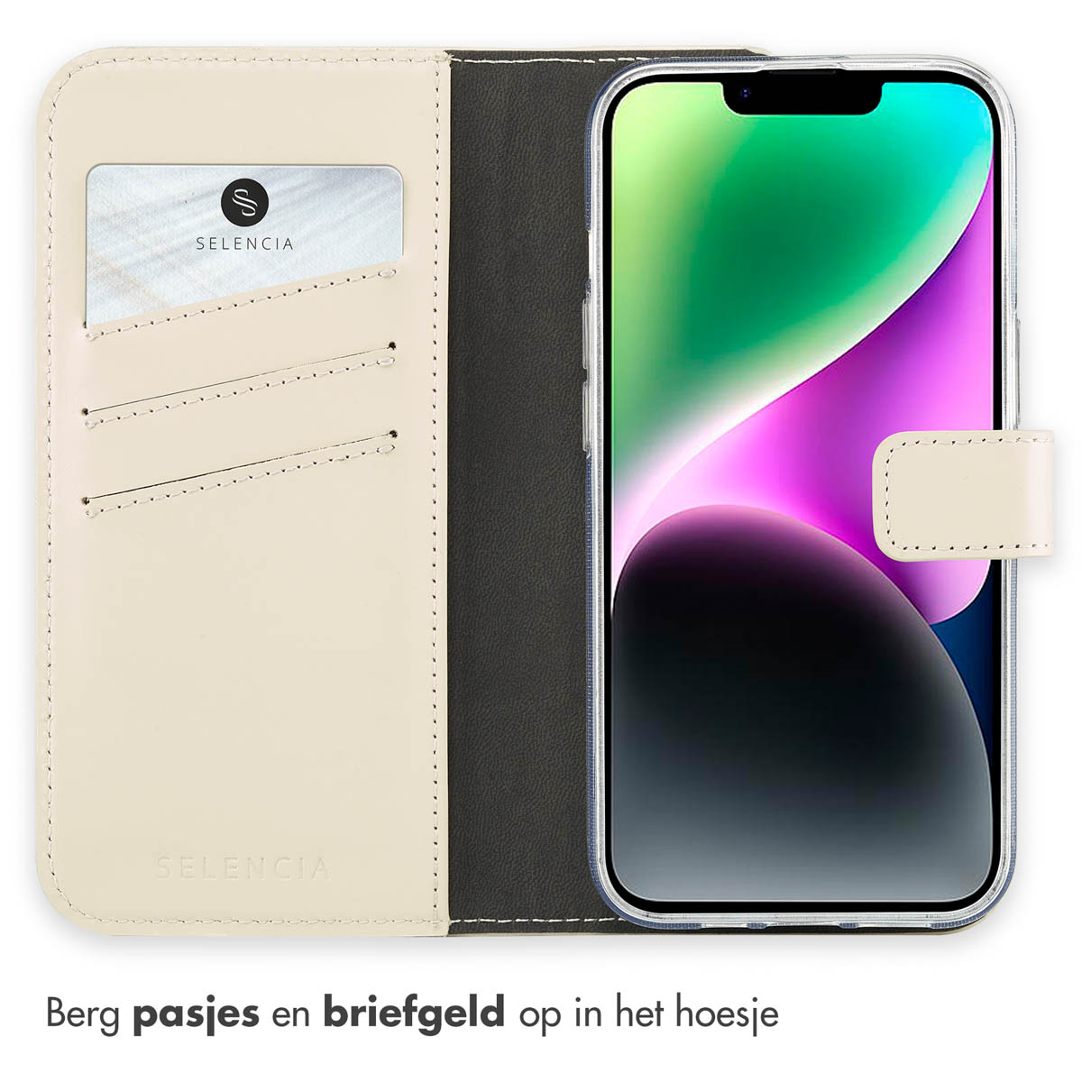 Telefoonhoesje met een telefoon erin en een portemonnee met kaarten. Achtergrond is lichtbeige.