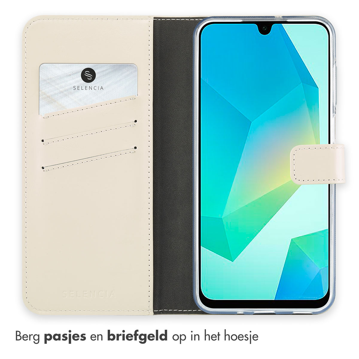Étui de téléphone ouvert avec un téléphone à l'intérieur. L'étui est beige et possède une fente pour carte. Écran visible.