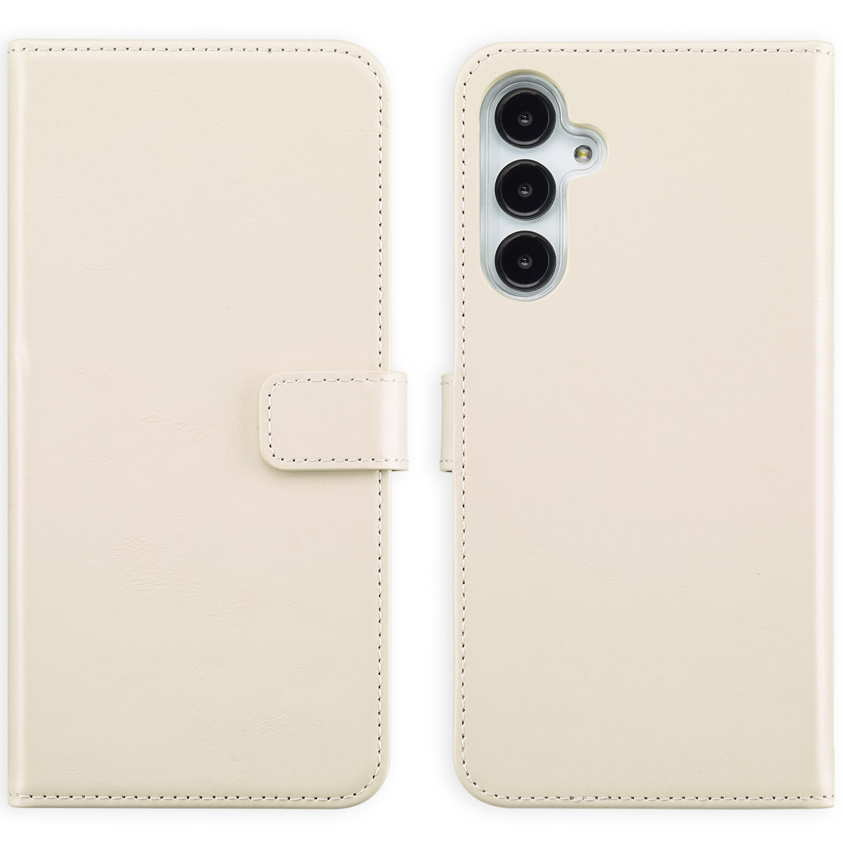 Étui en cuir crème, ouvert et fermé. Fermeture magnétique, maintient le téléphone.
