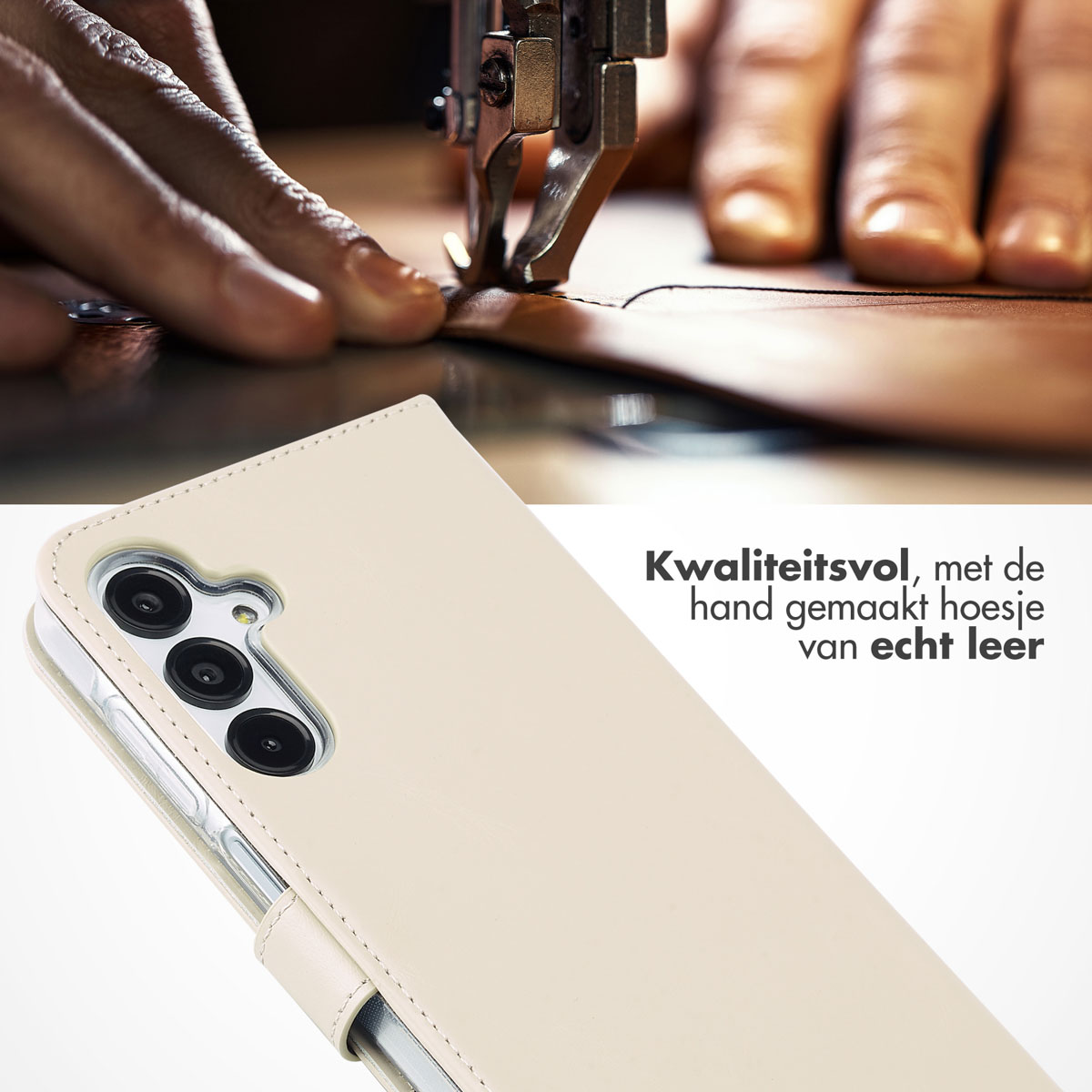 Gros plan d'un étui de téléphone en cours de couture. Une machine à coudre est visible. L'étui est crème.