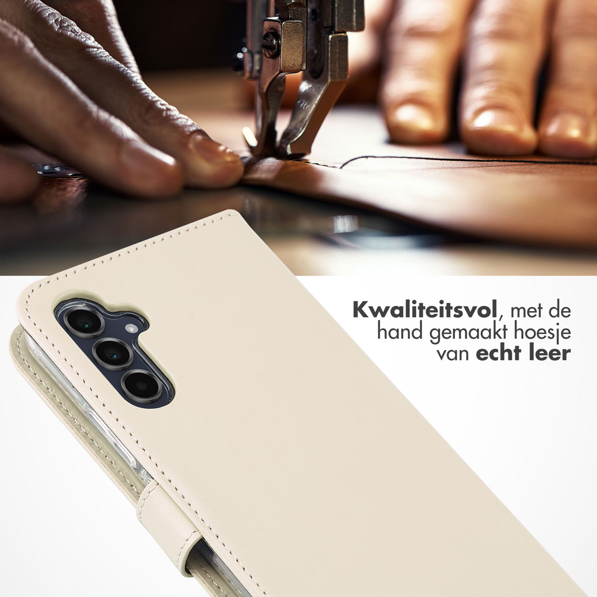 A leather phone case being made with a sewing machine.