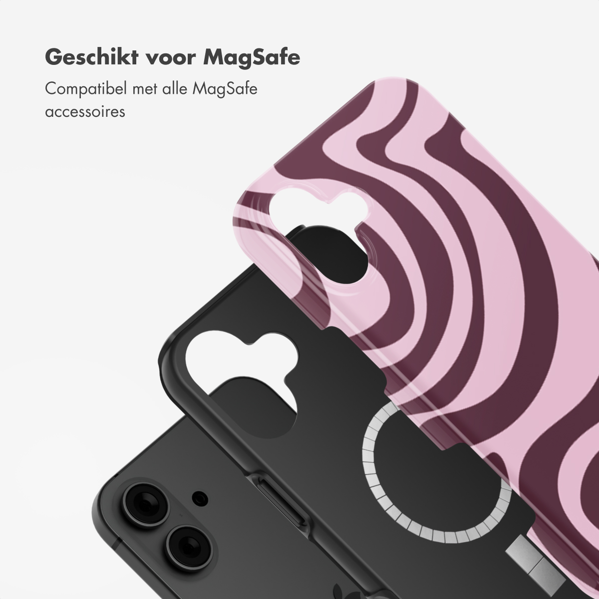 Een telefoonhoesje met een roze en paars patroon. Past over een zwarte telefoon. MagSafe compatibel.
