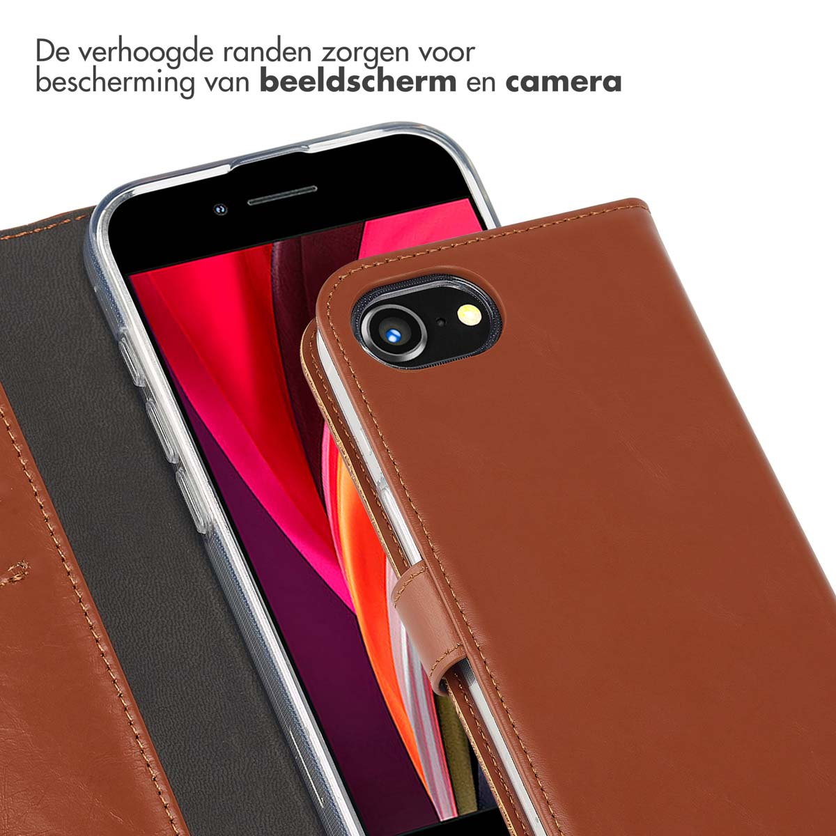 Étui de téléphone en cuir marron avec un téléphone à l'intérieur. L'étui couvre l'écran et la caméra du téléphone.