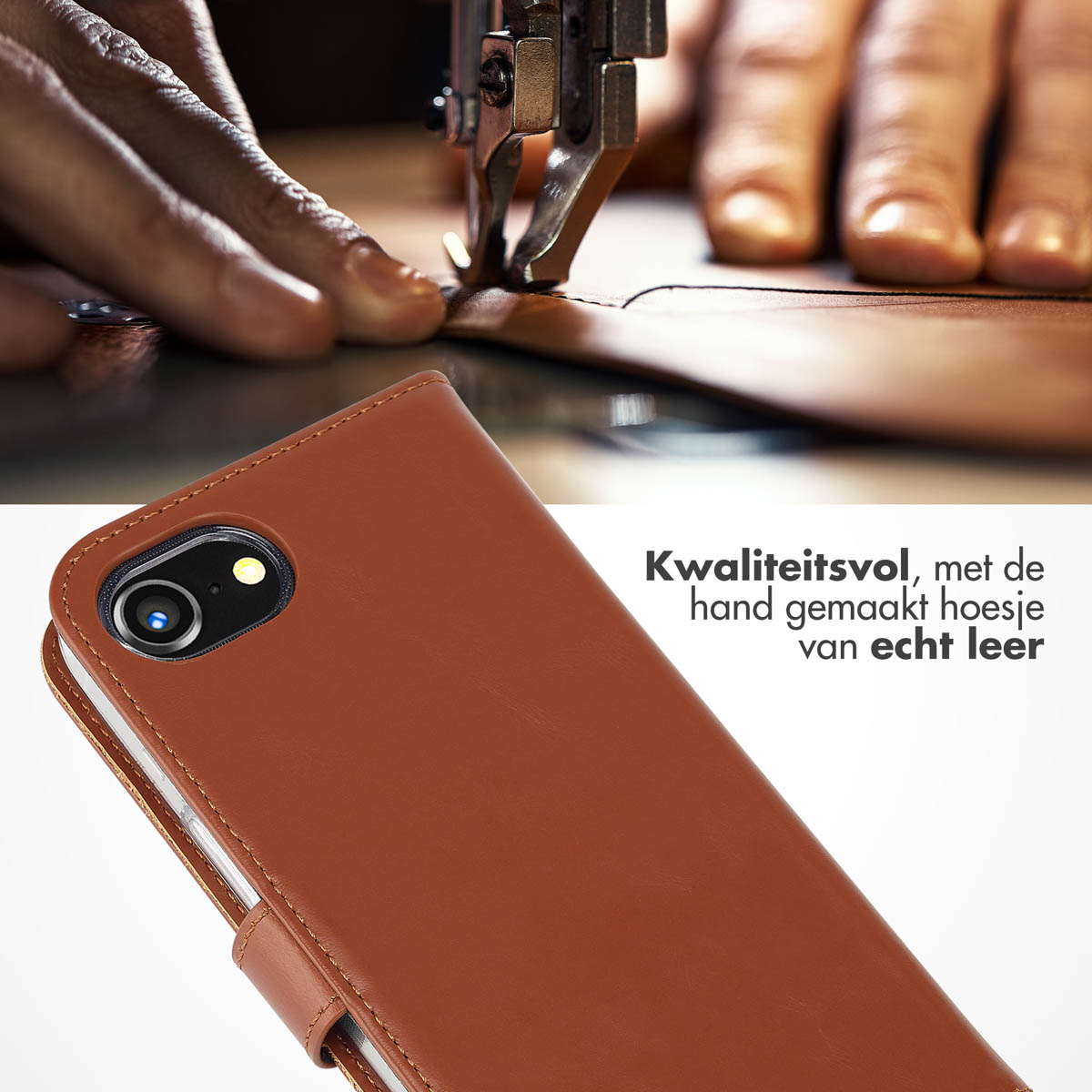 Gros plan sur un étui de téléphone en cuir marron en cours de couture. Étui de haute qualité en cuir véritable.