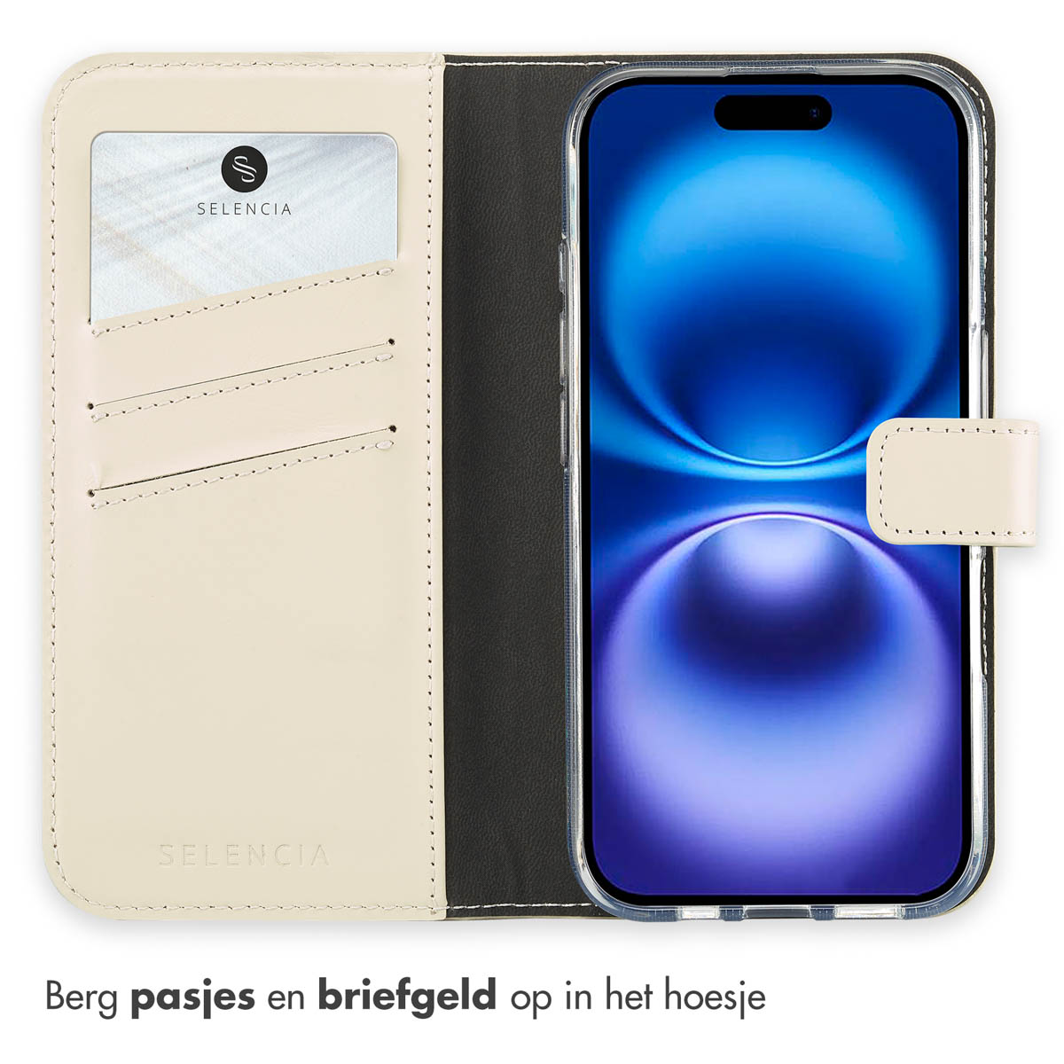 Telefoonhoes geopend, met een telefoon en kaartsleuven. De hoes is wit en zwart.