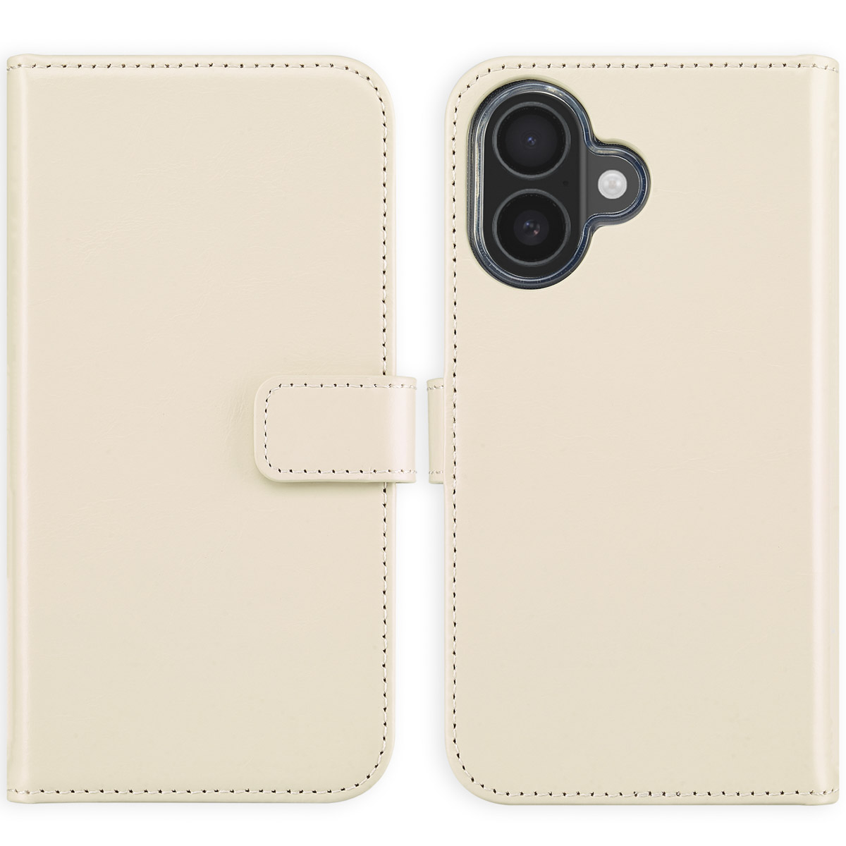 Een lichtbeige telefoonhoesje, open. Het heeft een uitsparing voor de camera en een magnetische sluiting.