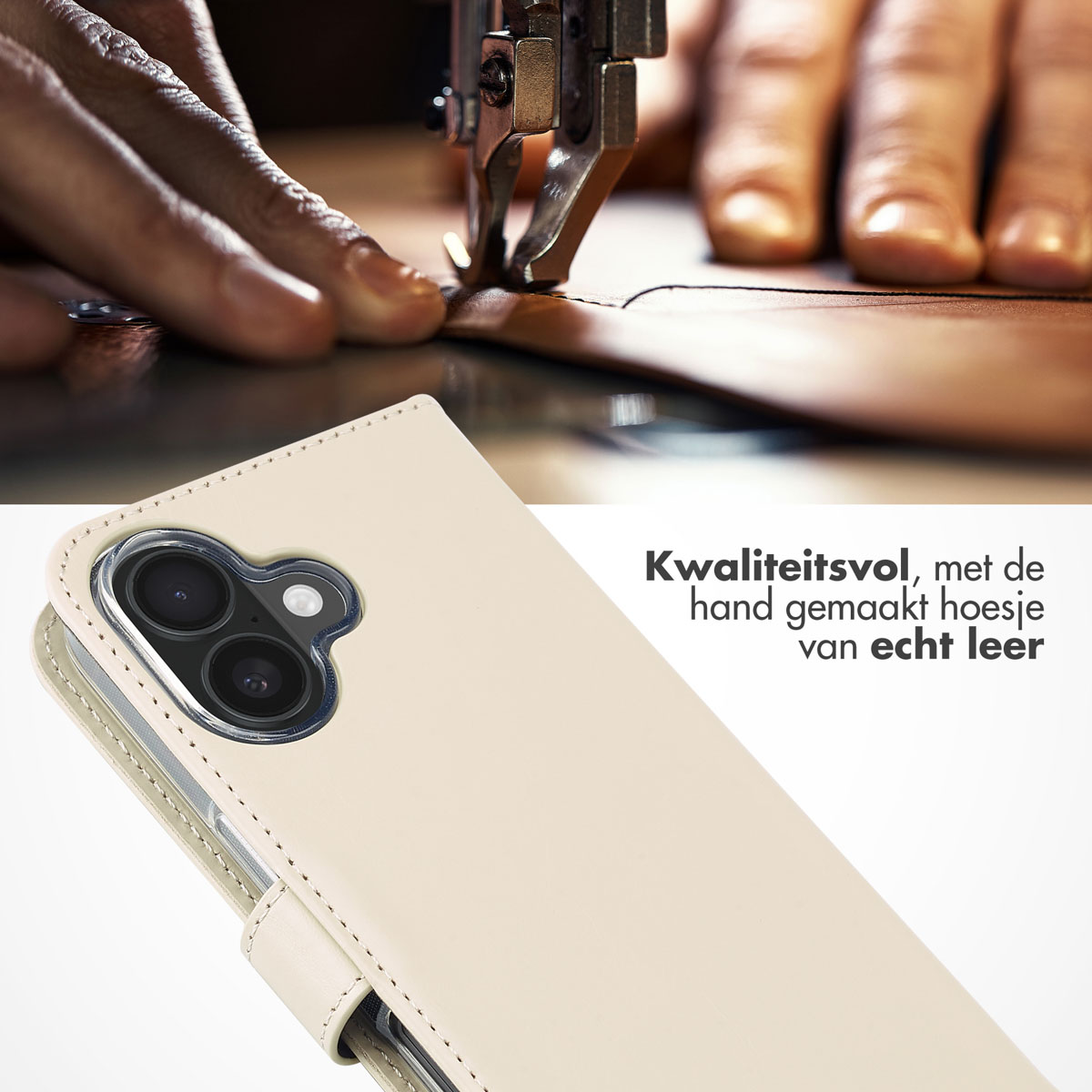 Een beige leren telefoonhoesje dat wordt genaaid. Toont de camerazijde en het naaiproces met een machine.