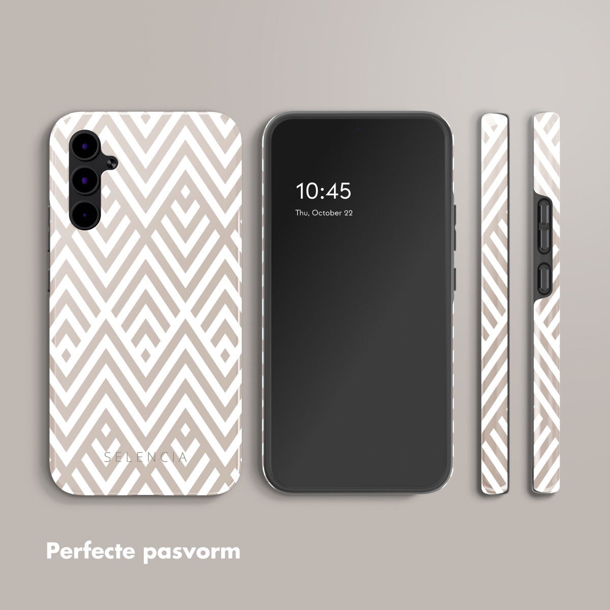 Telefono in custodia con un motivo geometrico bianco. Il telefono mostra l'ora. Sfondo grigio.