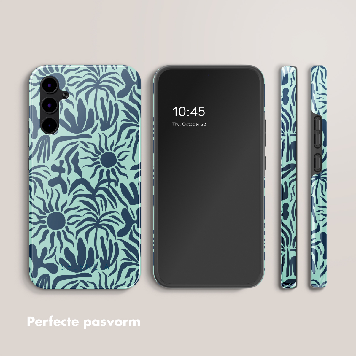 Telefoon met een blauwe bloemenhoes, en twee bijpassende zijstukken op een lichte achtergrond.