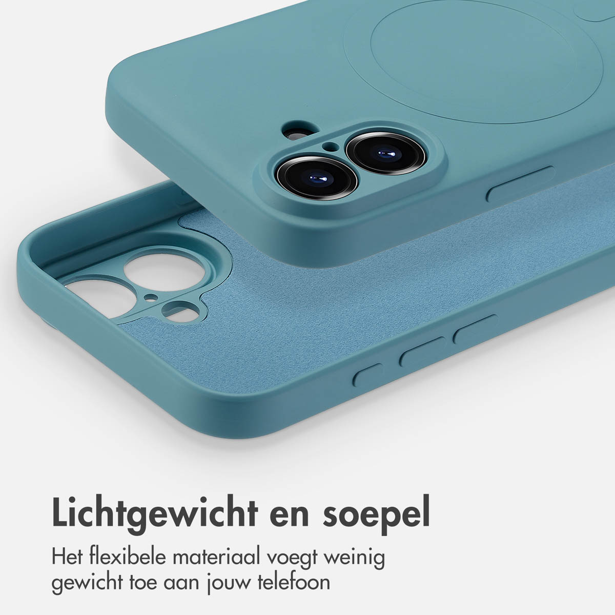 Coque de téléphone bleu canard ouverte, intérieur visible.