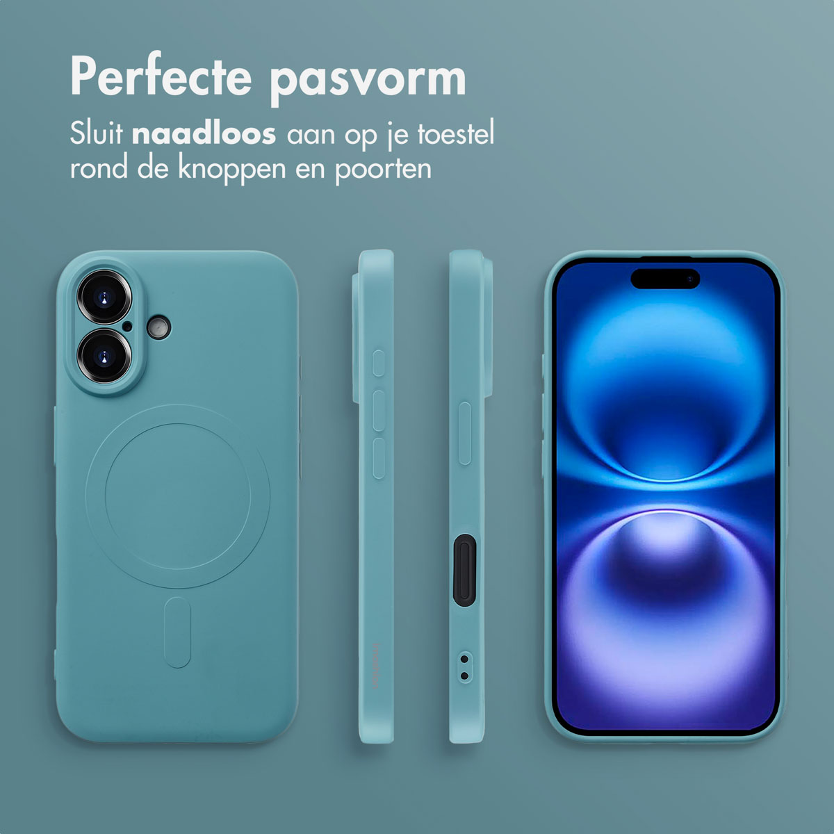 Étui et téléphone bleus. L'étui a des découpes pour les boutons et les ports.
