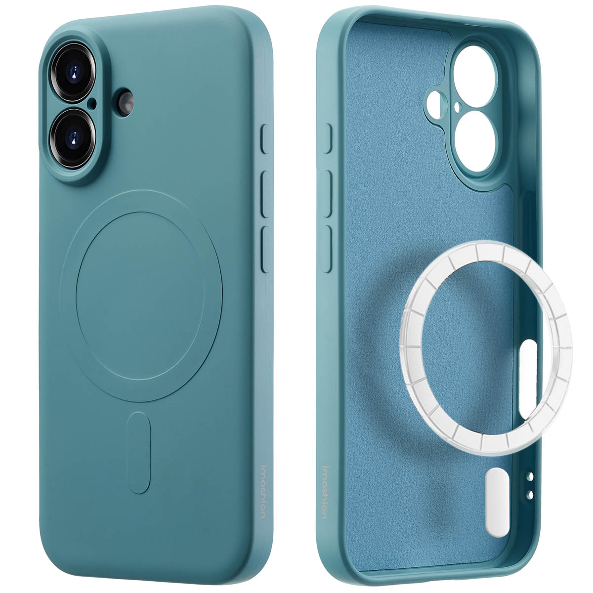 Coque de téléphone bleue. La coque a un anneau pour la caméra. Textes en arrière-plan.