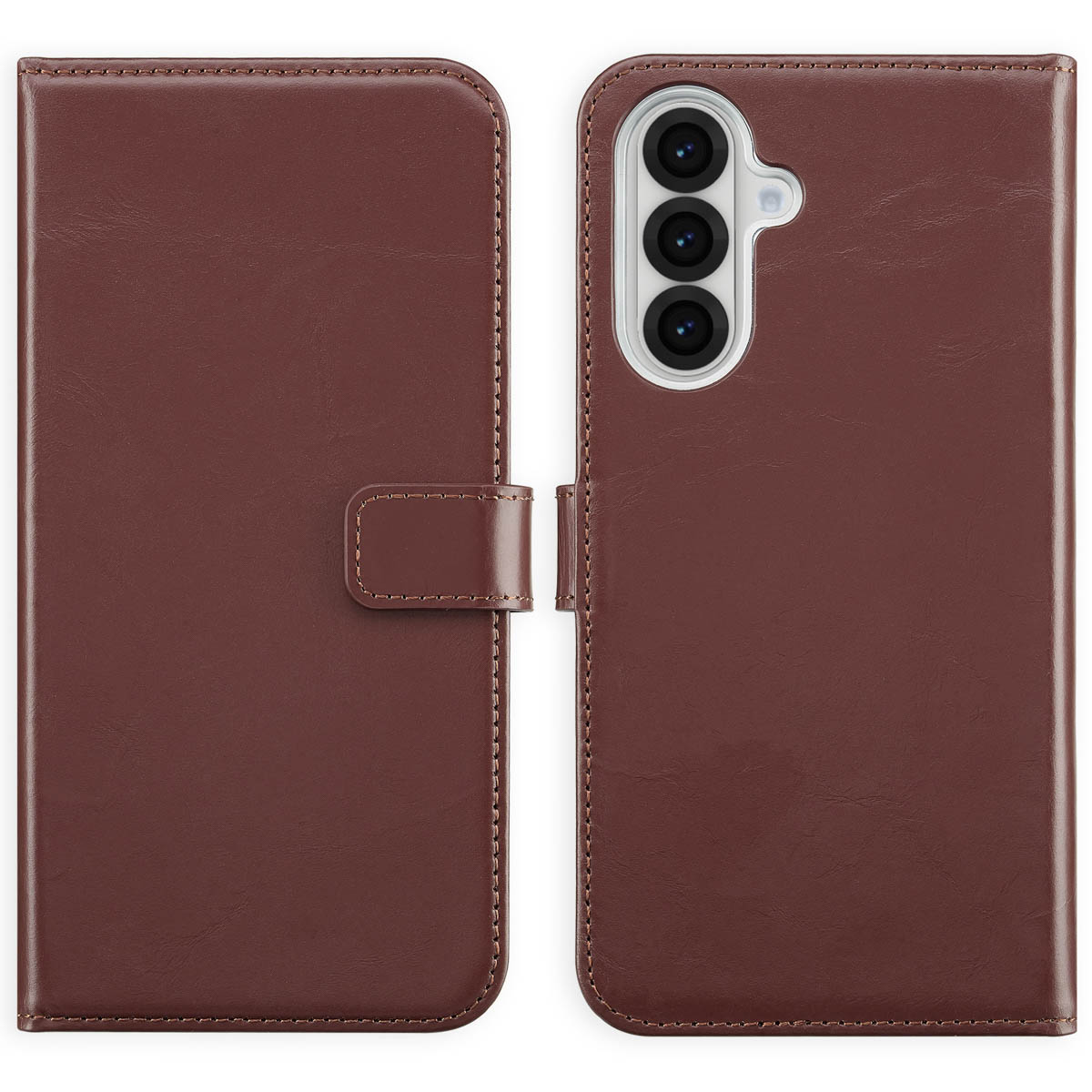 Bruin leren telefoonhoesje, open. Telefoon in de hoes. Een sluiting sluit de hoes af.