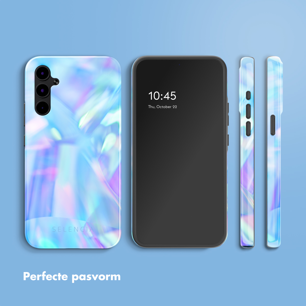 Telefoon en hoesje met een holografisch ontwerp. De hoes zit op de telefoon en apart.