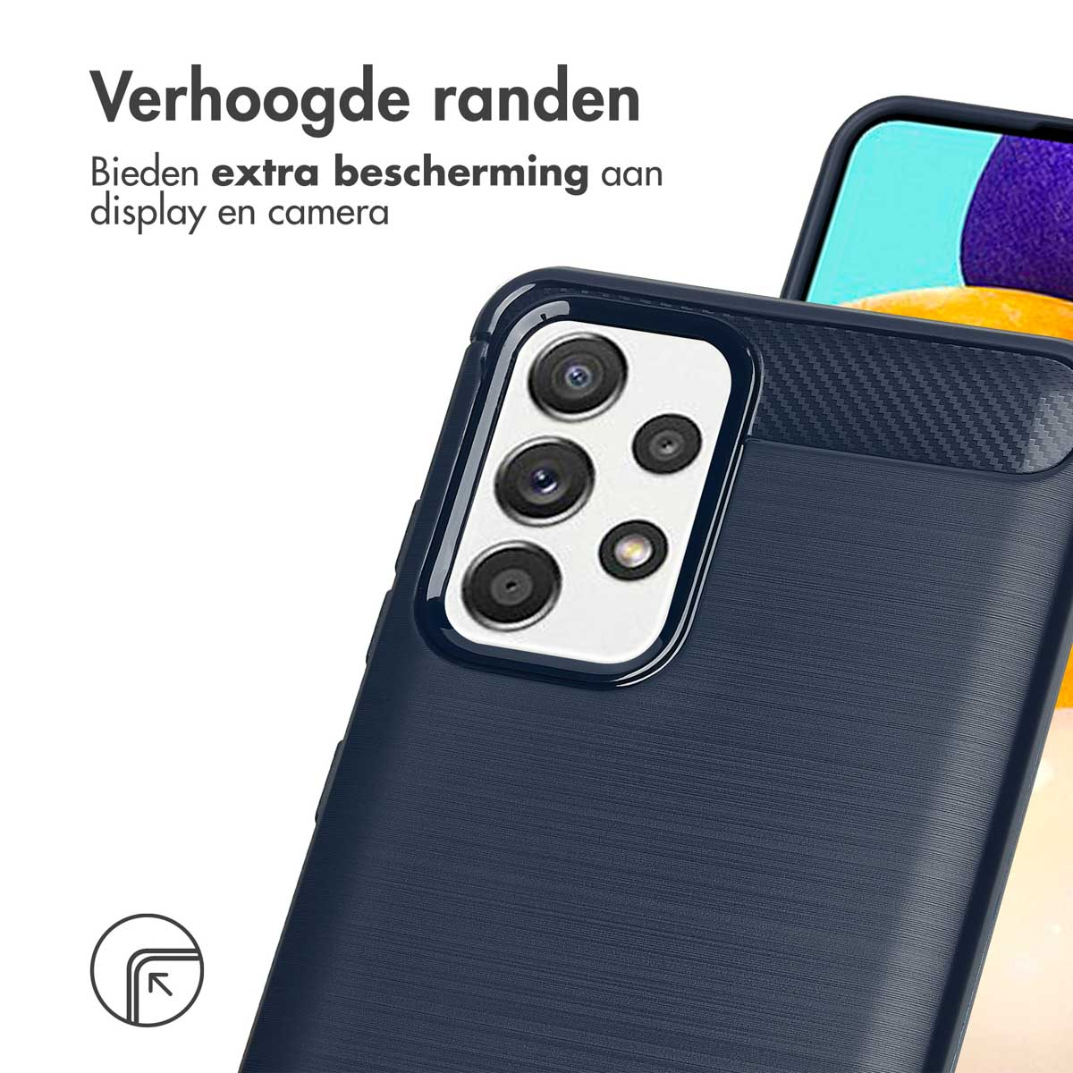 Una custodia blu navy con area fotocamera. Il testo dice: protezione extra per display e fotocamera.