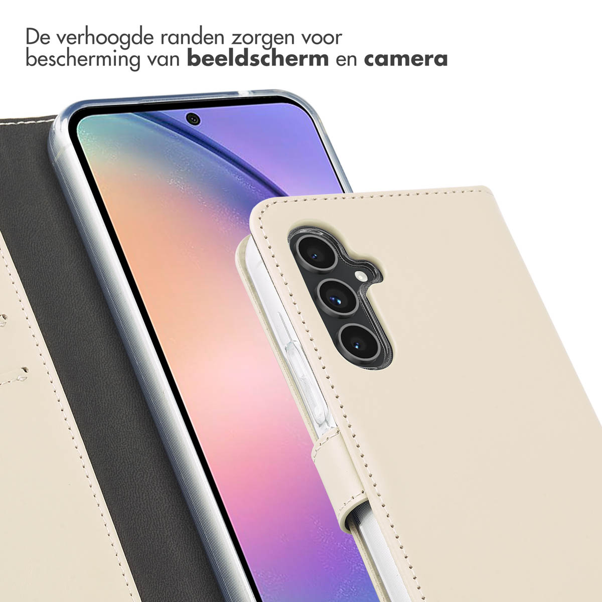 Telefono con custodia a portafoglio marrone chiaro. La custodia è aperta. Testi sullo sfondo.