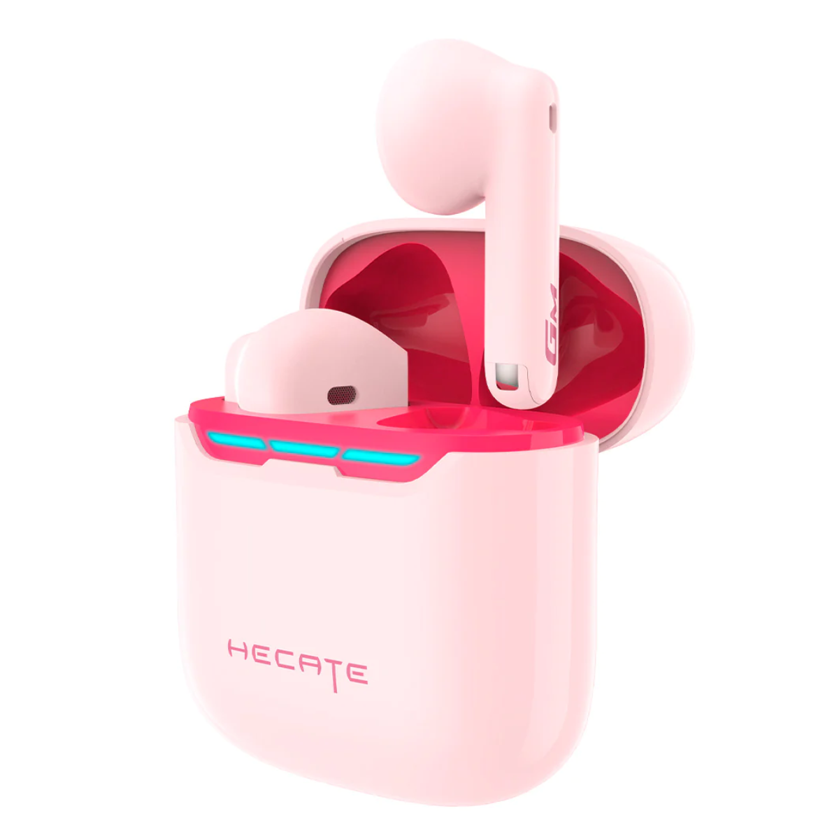 Auriculares inalámbricos rosas en un estuche de carga rosa, con la tapa abierta.