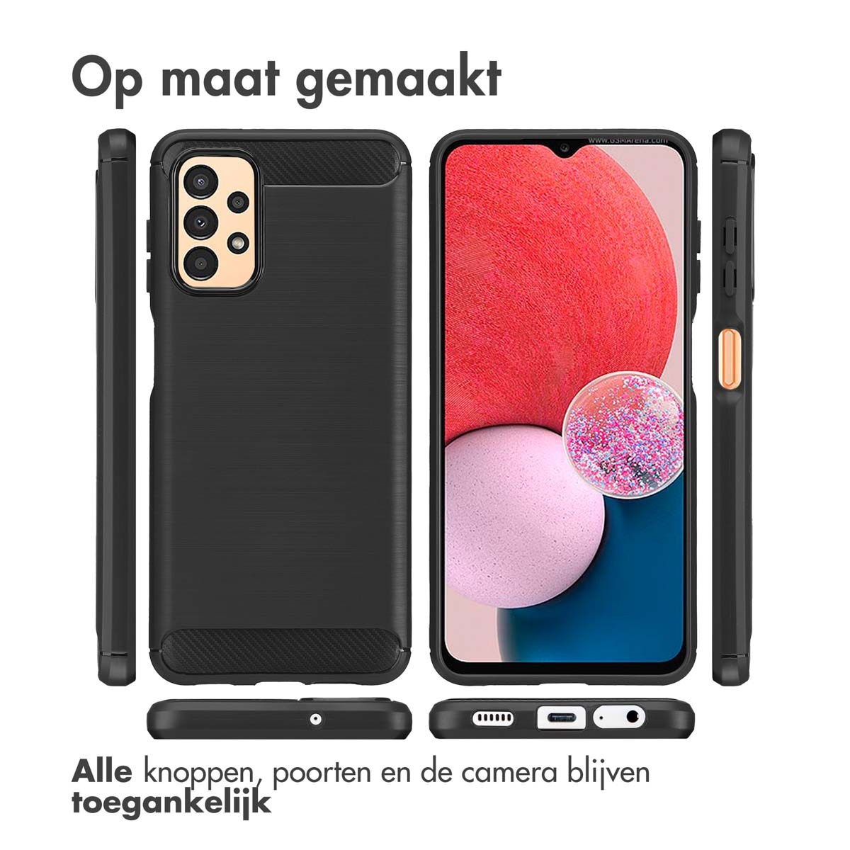 Zwarte telefoonhoes met een telefoon erin. Alle knoppen, poorten en de camera blijven toegankelijk.