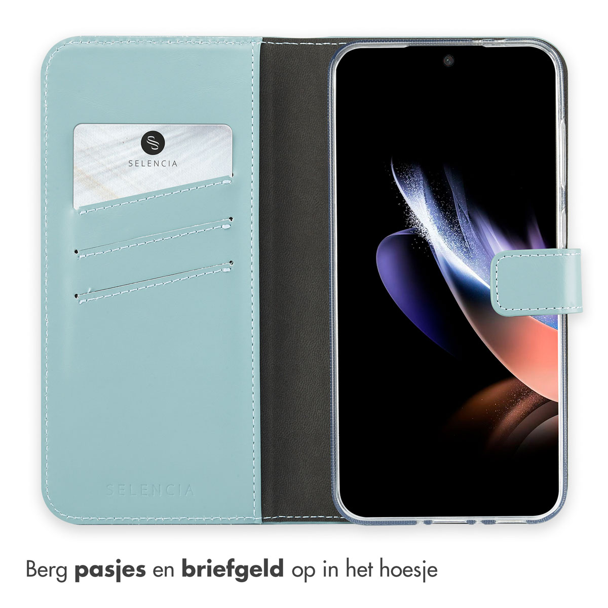 Étui de téléphone bleu ouvert, montrant cartes et argent.