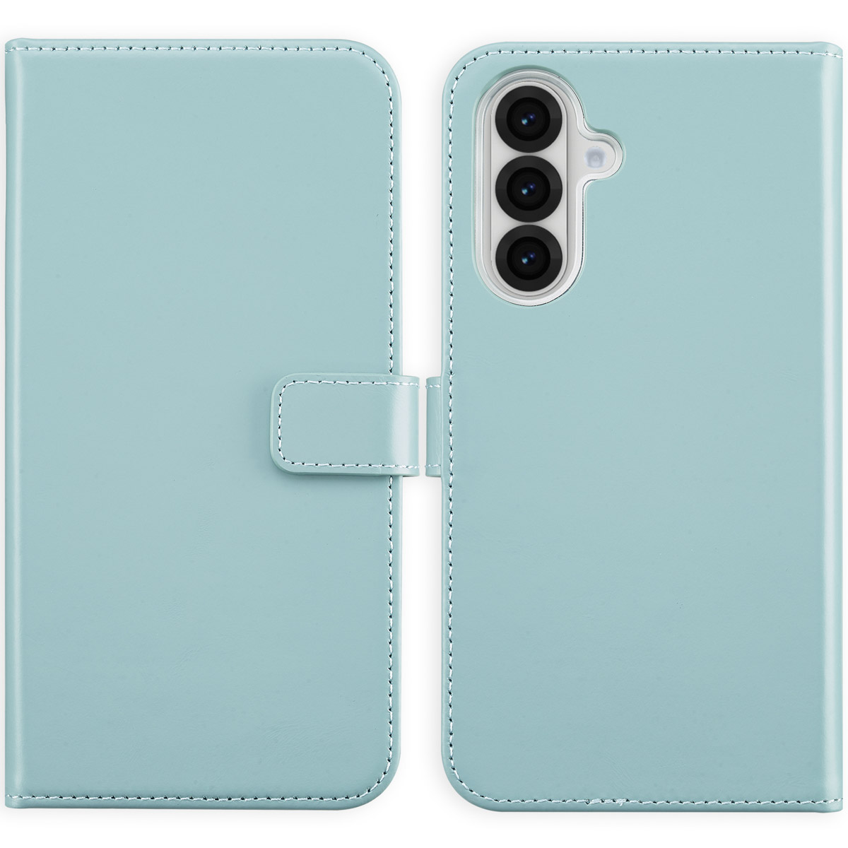 Coque de téléphone bleu clair, montre le téléphone avec la caméra, et l'étui est ouvert.