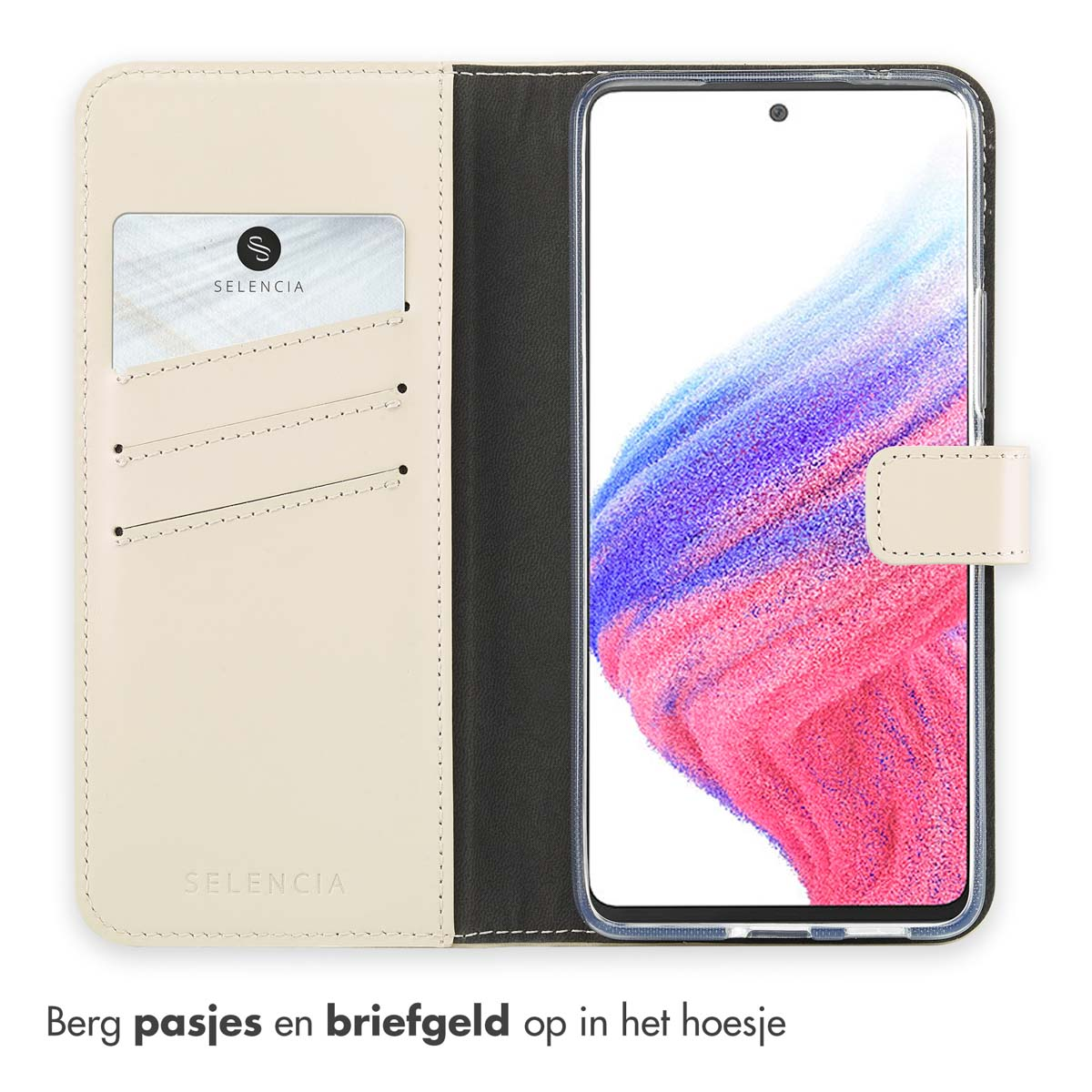 Crèmekleurige telefoonhoes open, met kaarten en telefoon.