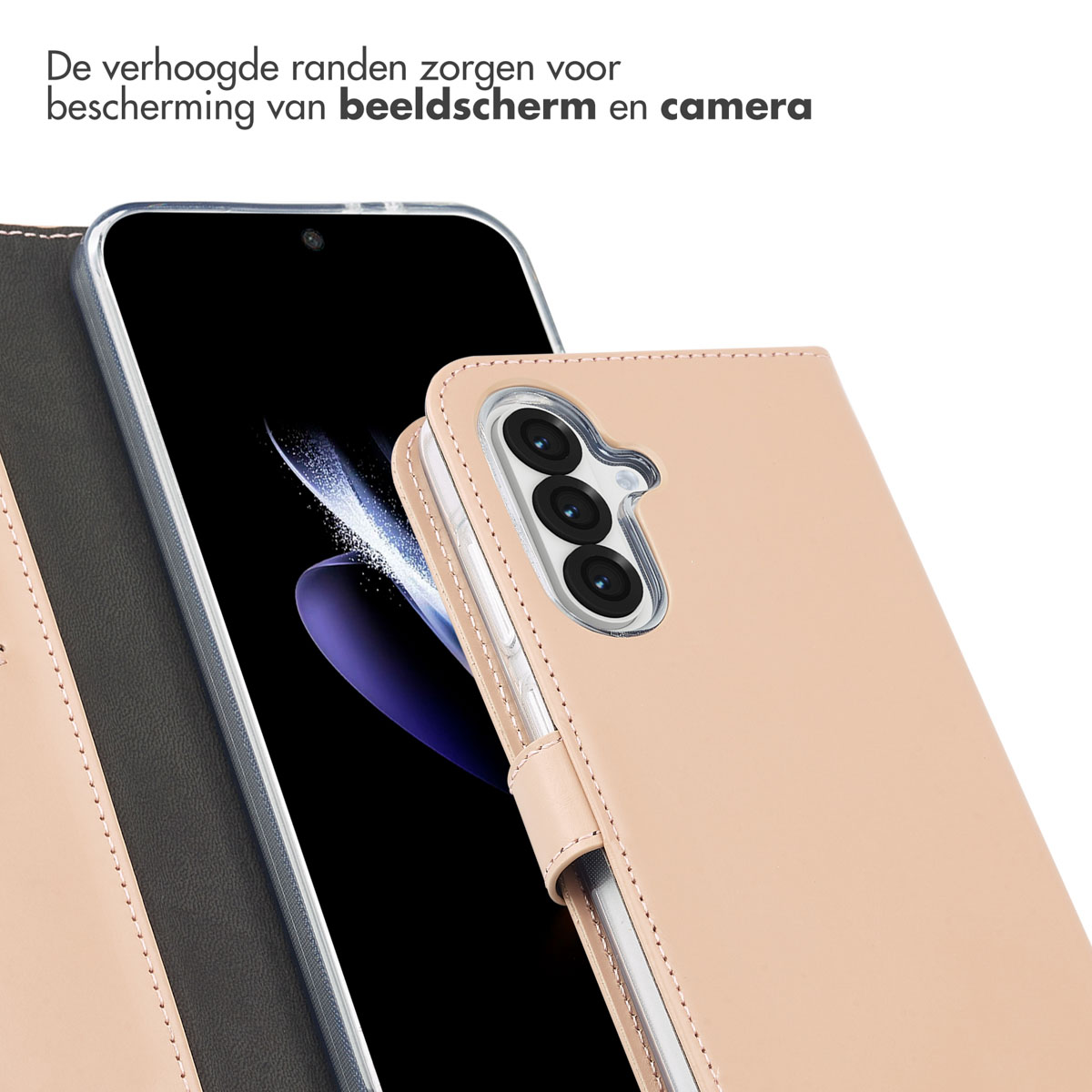 Telefoon met roze leren hoes. Telefoonscherm wordt getoond. Zwart en roze. Extra scherm- en camerabescherming.