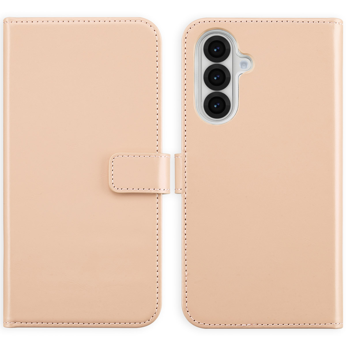 Roze telefoonhoes, open, met een telefoon.