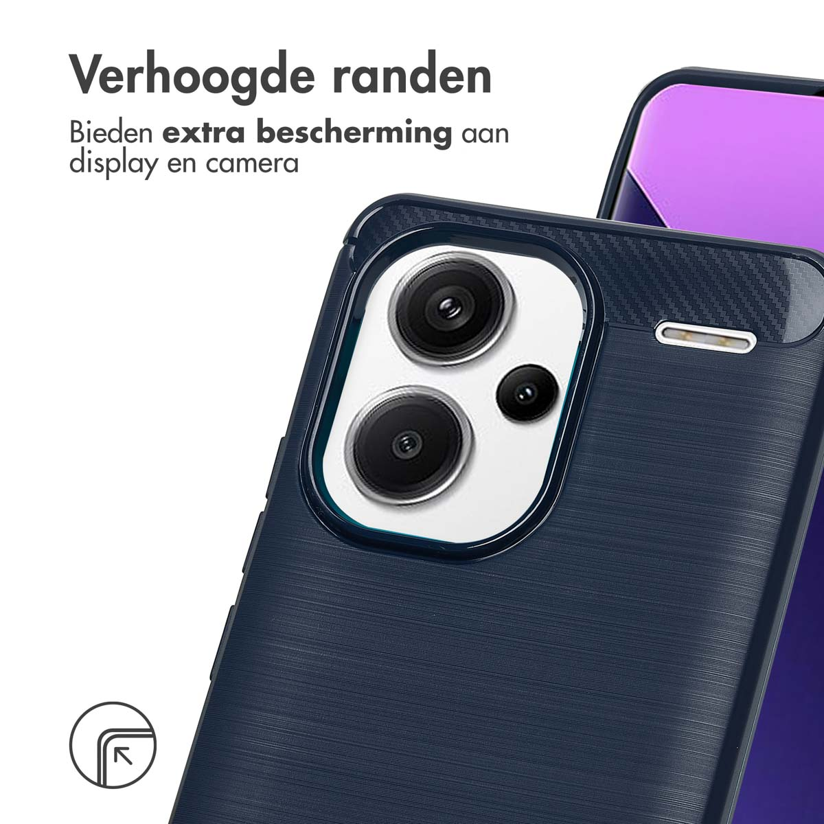 Coque bleu foncé avec texture fibre de carbone, bords relevés et protection caméra.