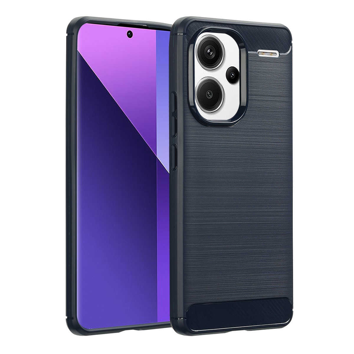 Une coque de téléphone avec un dos bleu texturé et un cadre noir. Le dos a deux lentilles de caméra.