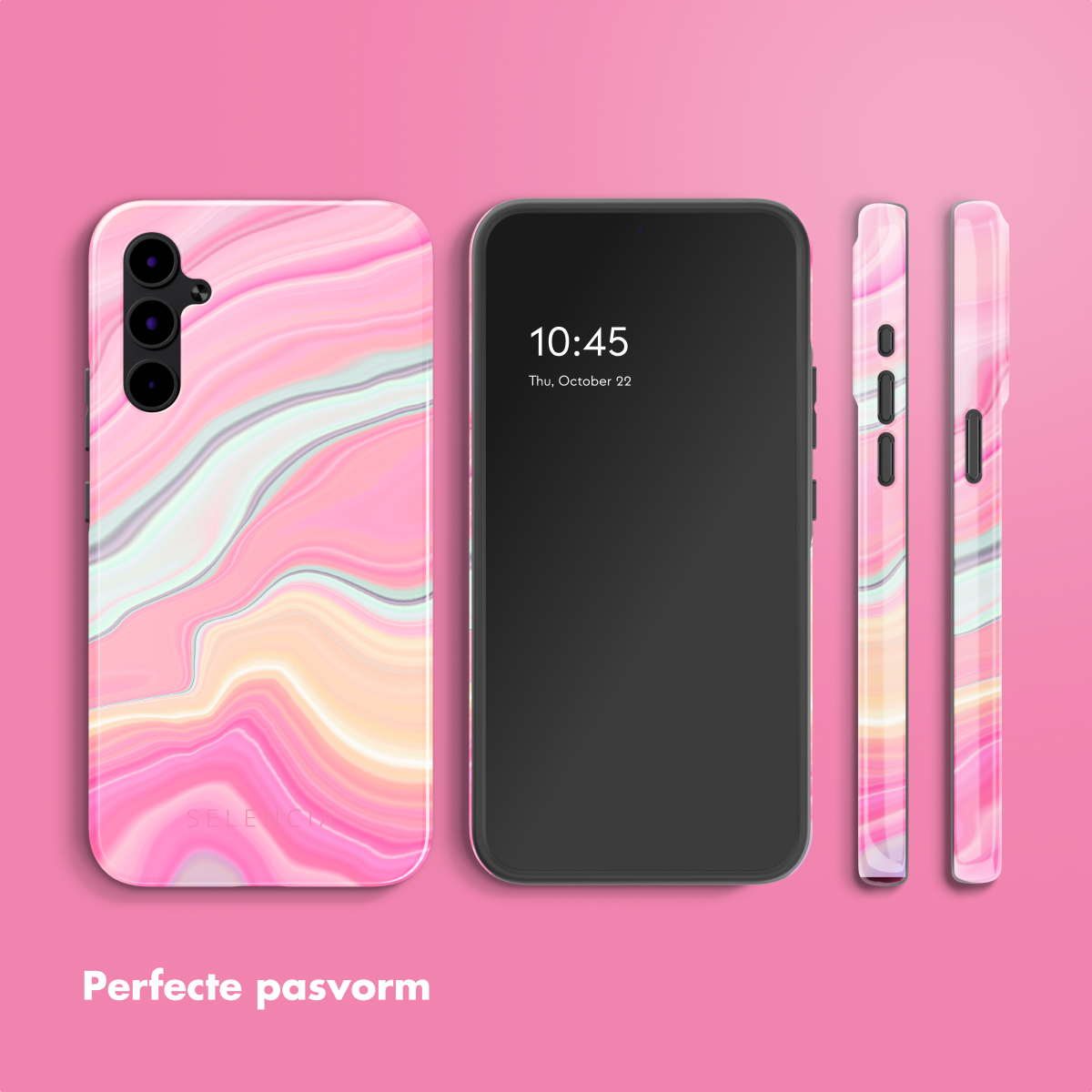 Roze marmeren telefoonhoesjes set met telefoon en zijaanzicht. Tekst zegt 'Perfecte pasvorm'.