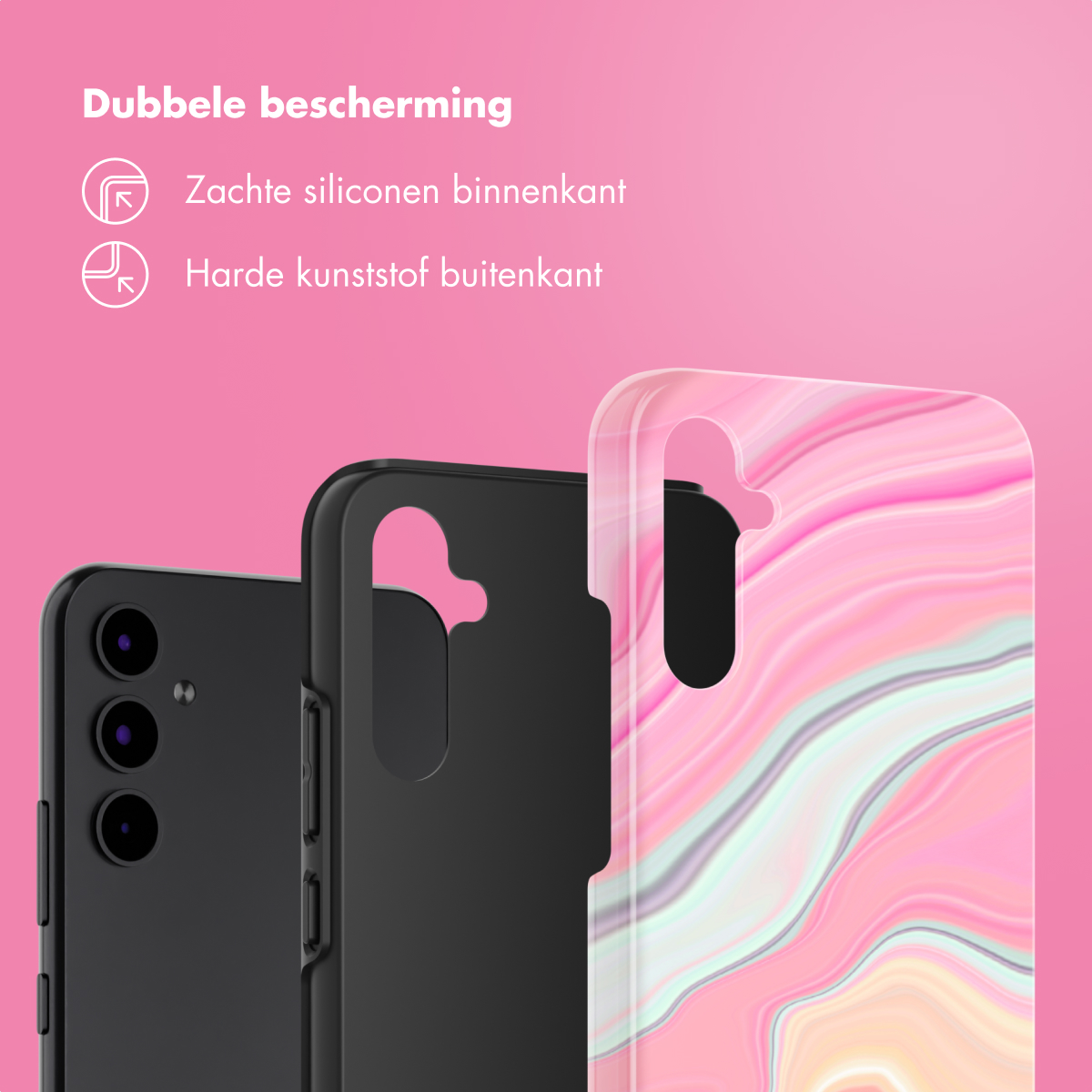 Telefoonhoesjes: zwarte hoes, zwarte binnenhoes en een roze hoes met marmerpatroon. Roze achtergrond.
