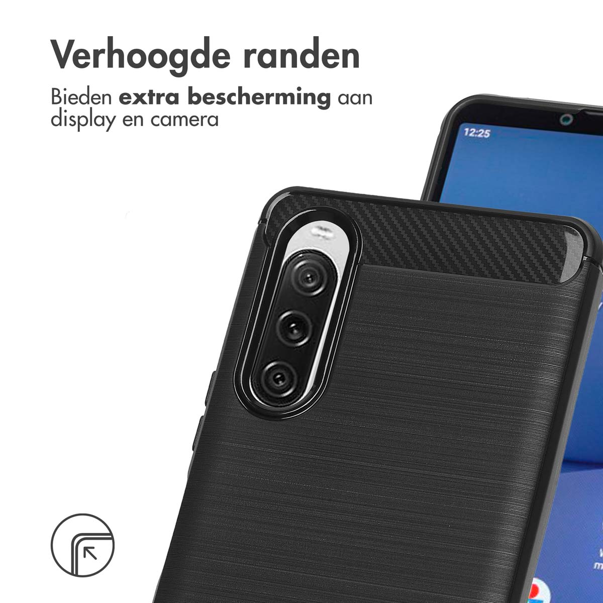 Coque de téléphone noire avec téléphone. Le téléphone affiche 12h25.