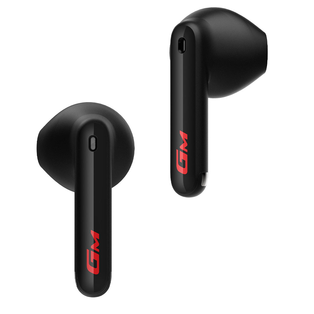 Auricolari wireless neri con loghi GM rossi.