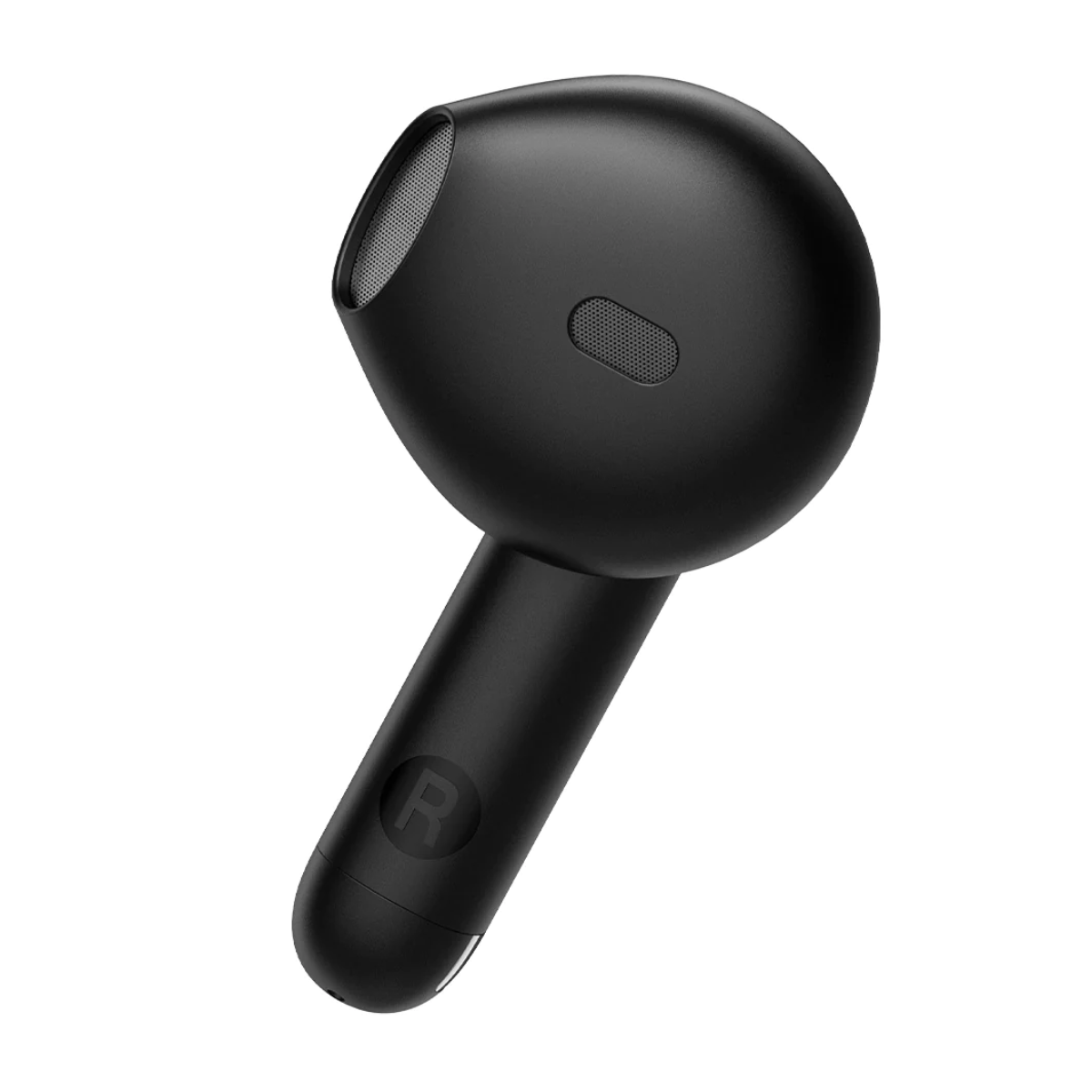 Auricolare wireless nero. L'auricolare ha un'apertura per il microfono e un marchio 'R'.