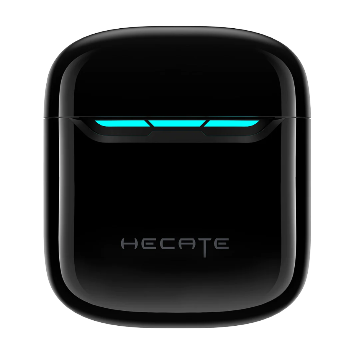 Custodia per auricolari nera con luce blu e scritta HECATE.