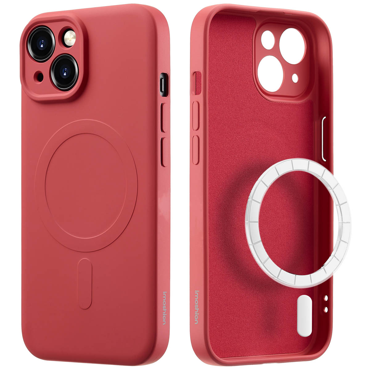 Two red phone cases, one with a ring and the other with the phone inside it.