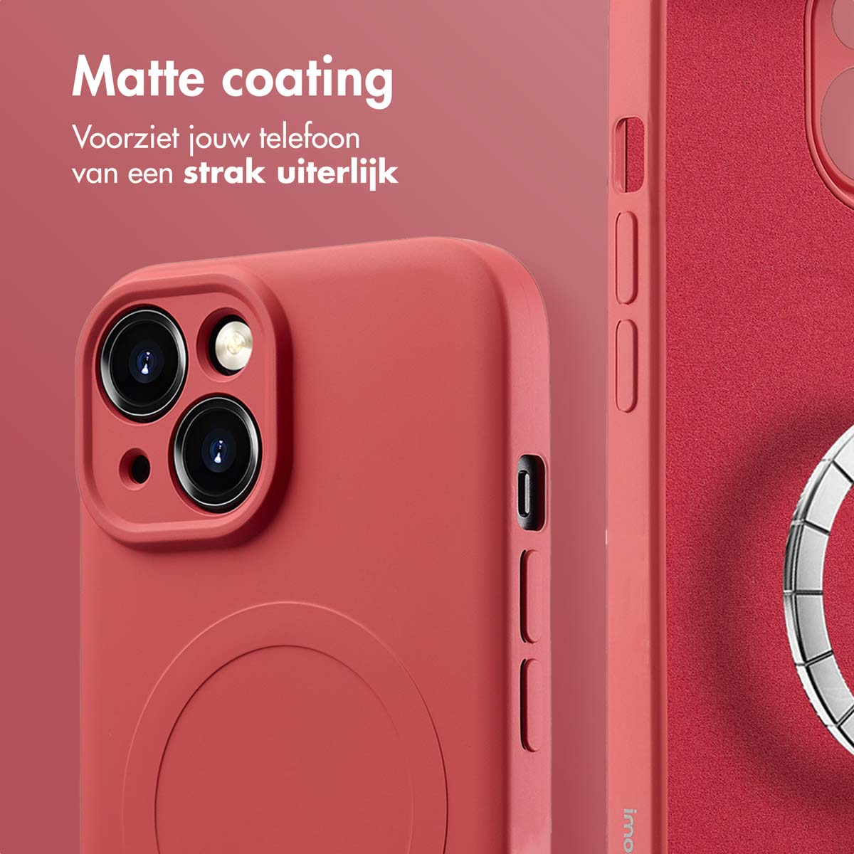 Red phone case with a matte finish. Phone case with the camera and ring holder visible.