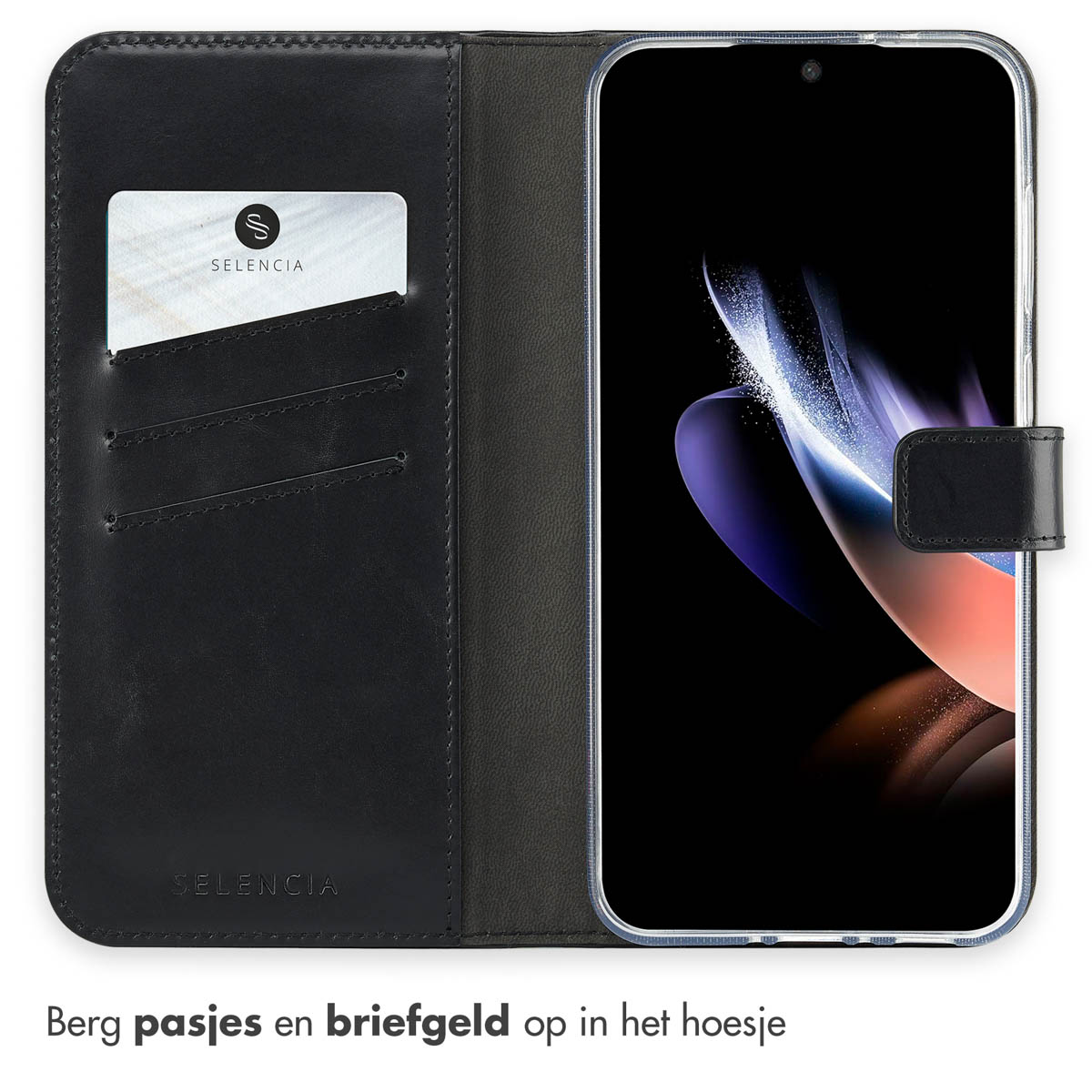 Étui de téléphone en cuir noir avec une carte et de l'argent. Texte : 'Rangez les cartes et l'argent'.