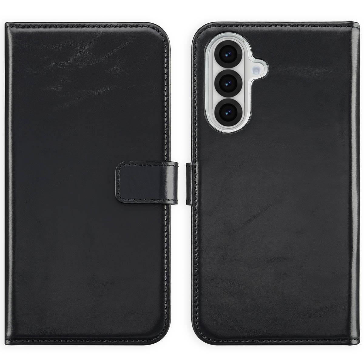 Étui de téléphone en cuir noir, ouvert et fermé. Il a une fermeture magnétique.