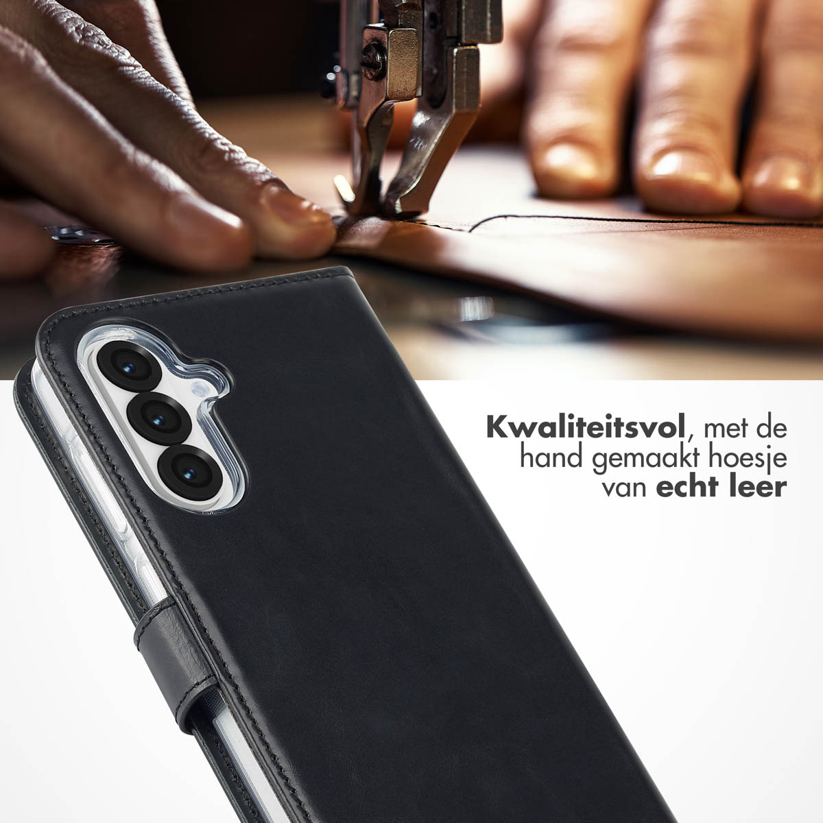 Coque de téléphone noire avec bords cousus. Style cuir. Machine à coudre en arrière-plan. Téléphone dans la coque.