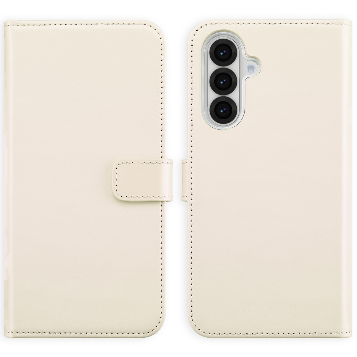 Gebroken witte leren telefoonhoes, open. De binnenkant heeft een telefoon. Witte achtergrond.