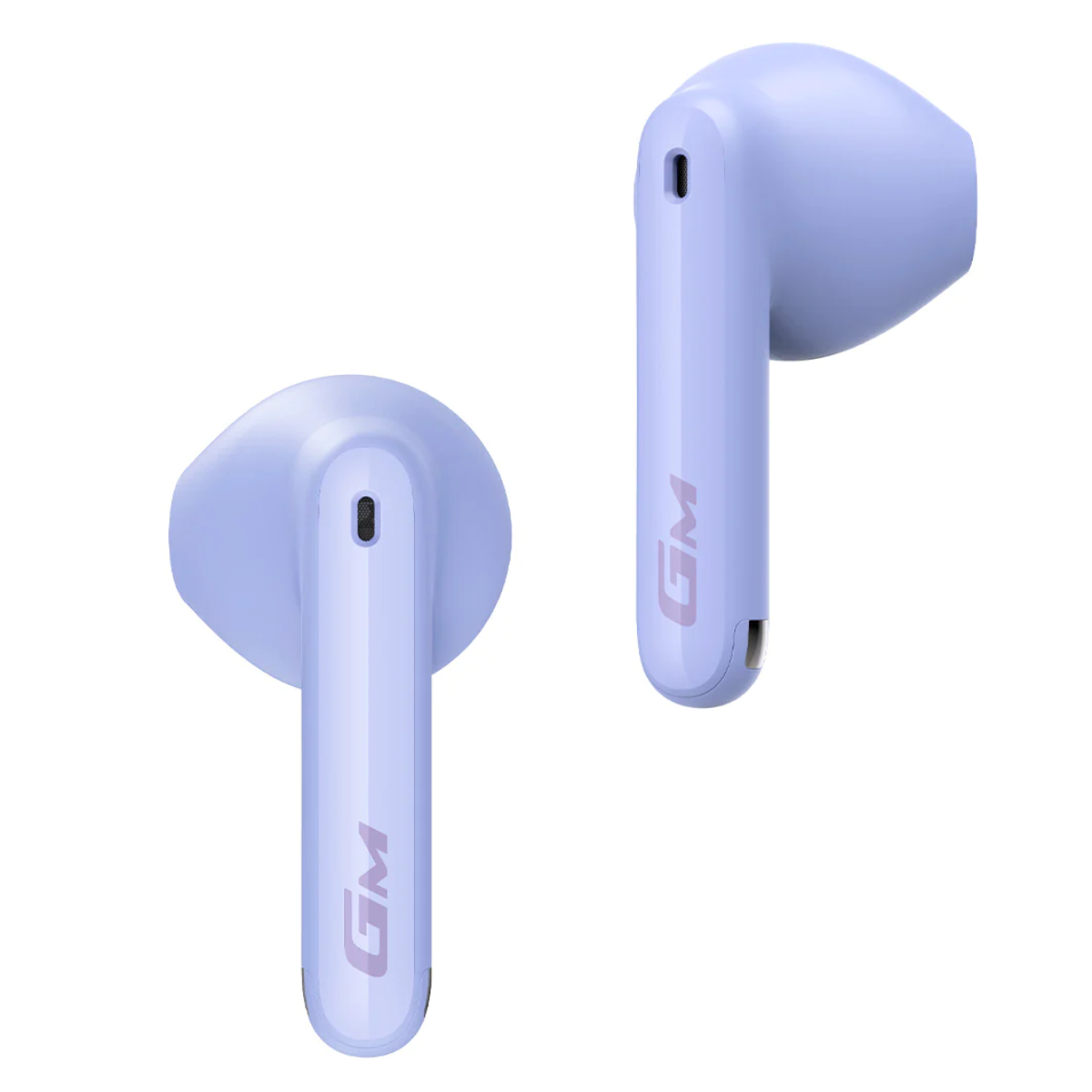 Due paia di auricolari wireless lilla chiaro. Gli auricolari sono angolati.