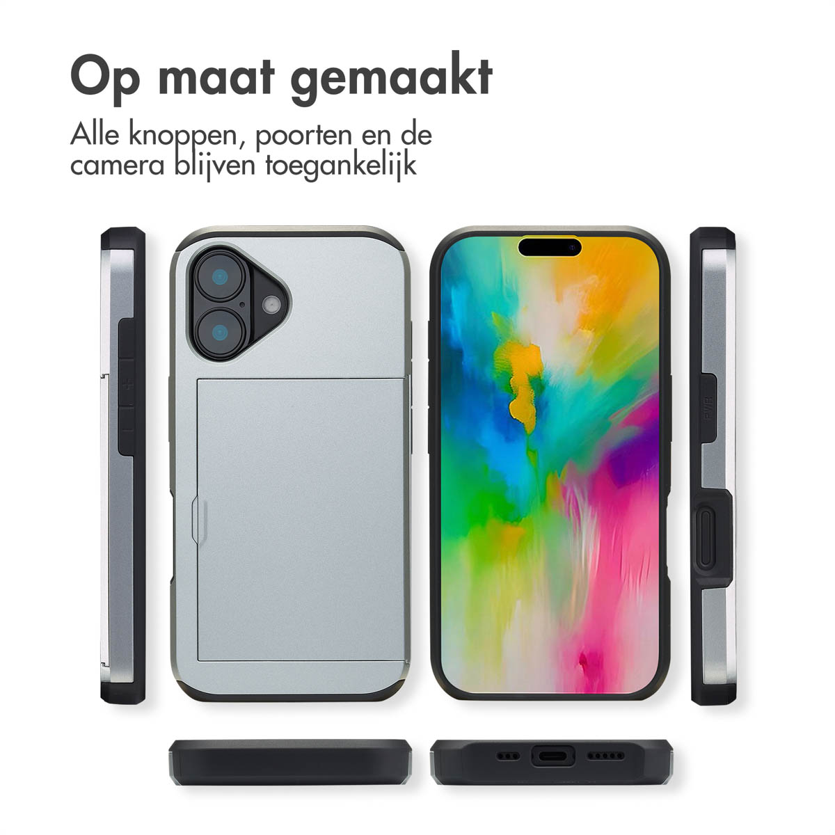 Telefoonhoesje met telefoon, zijaanzichten. Hoes is zilver, telefoon toont kleurrijk beeld. De tekst luidt: Op maat gemaakt.