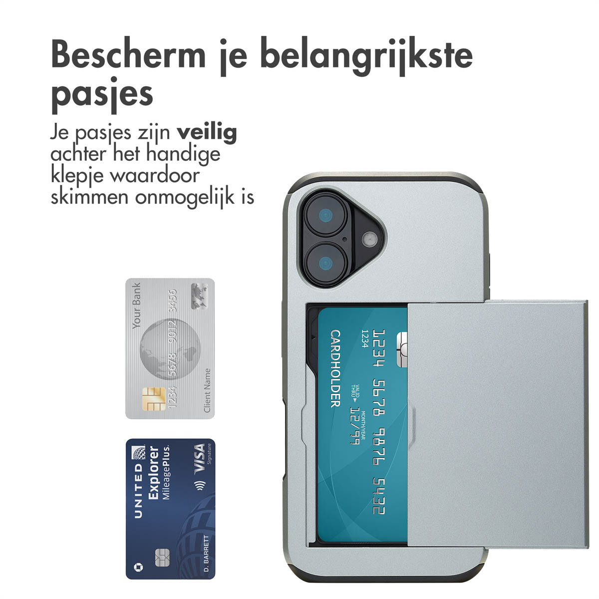 Telefoonhoesje met een kaarthouder. Creditcards worden naast de hoes getoond. Witte achtergrond.