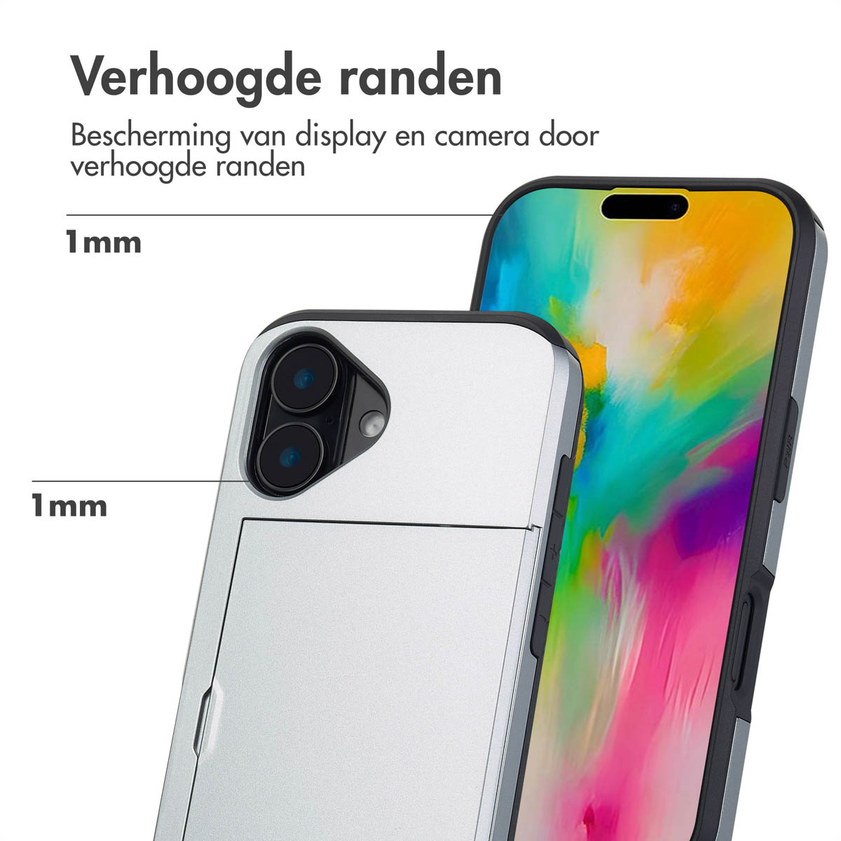 Twee telefoons in hoesjes. Eén is zilver en de andere zwart, met tekst en afmetingen.