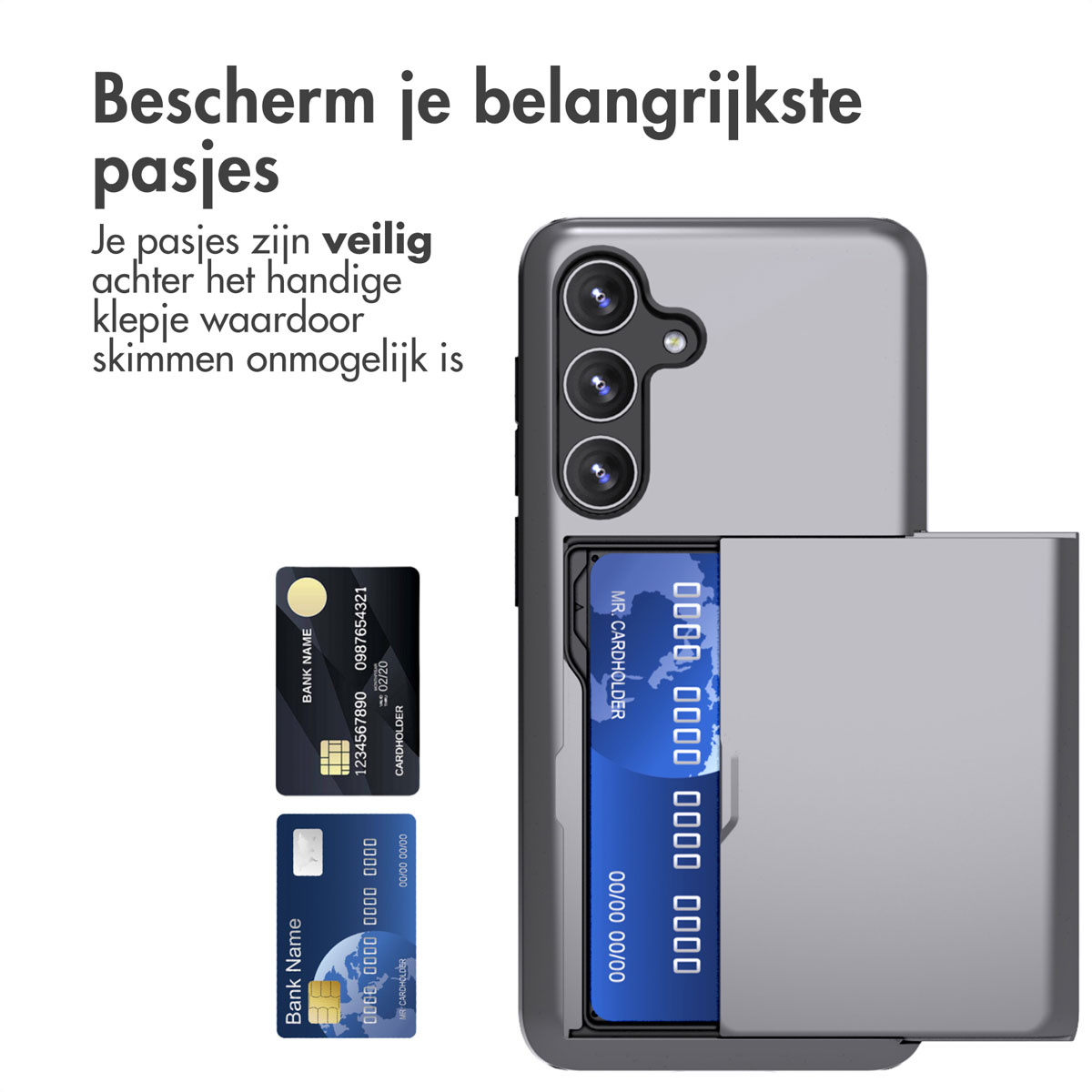 Een telefoonhoesje met kaartsleuven. Creditcards zijn zichtbaar in de hoes.