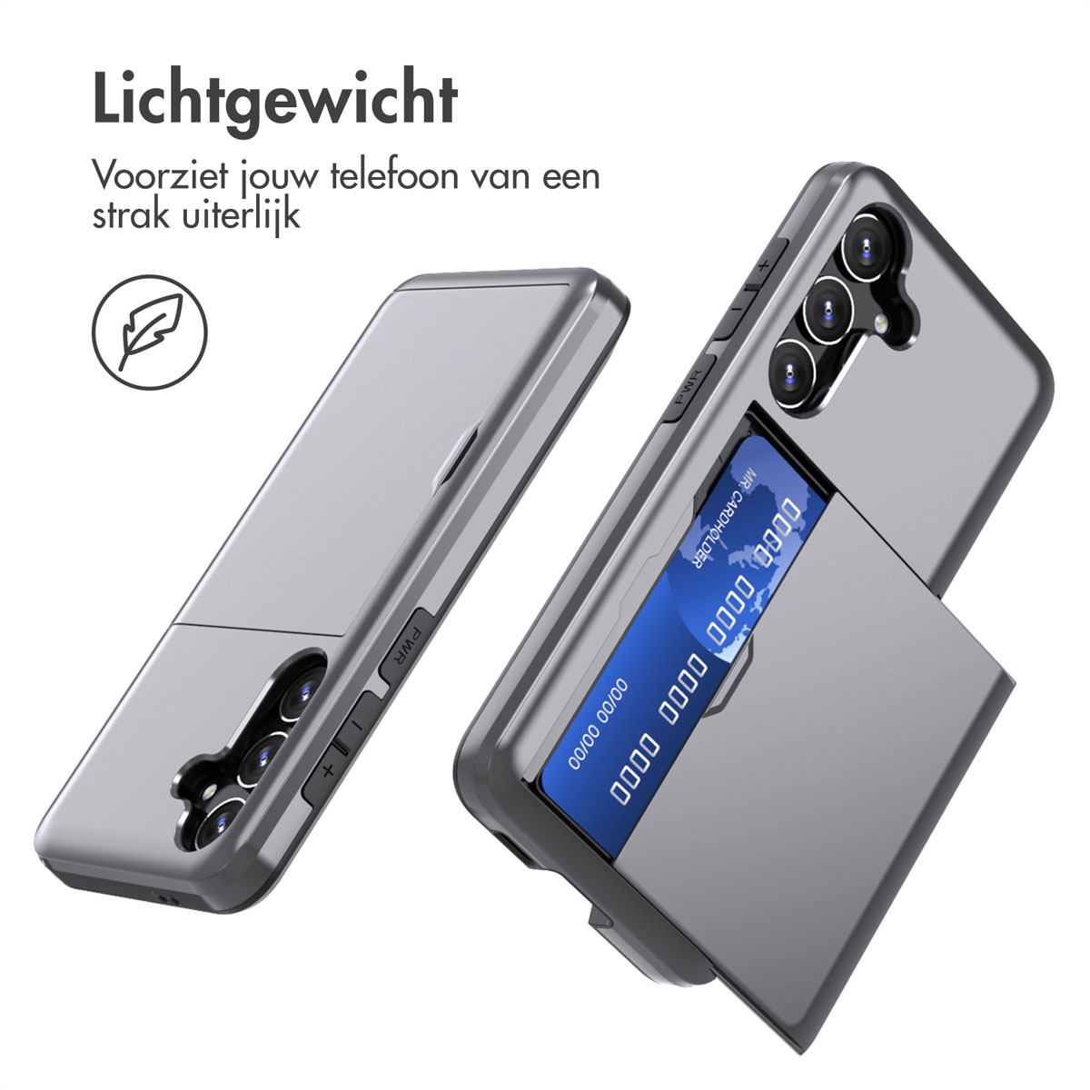 Grijze telefoonhoes met een creditcard. Tekst zegt 'Lichtgewicht'.