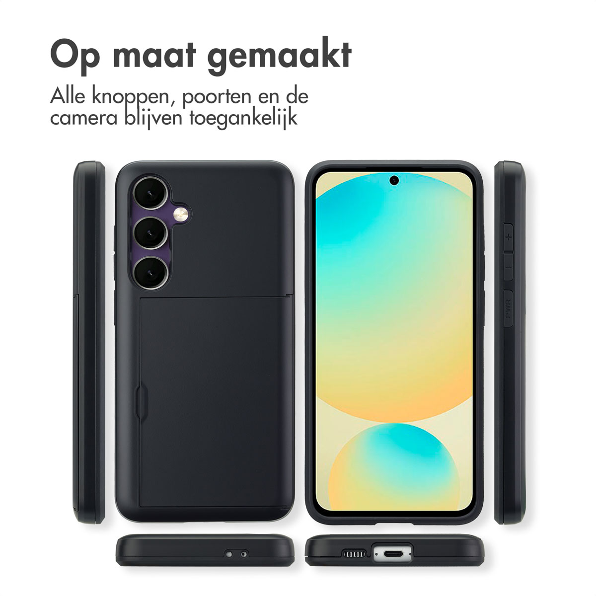 Zwarte telefoonhoes, meerdere weergaven van de hoes en telefoon, op een witte achtergrond.