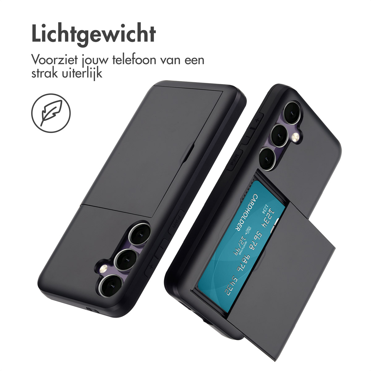 Zwarte telefoonhoesjes met een kaarthouder, die de zijaanzicht van de telefoon en de kaart tonen.