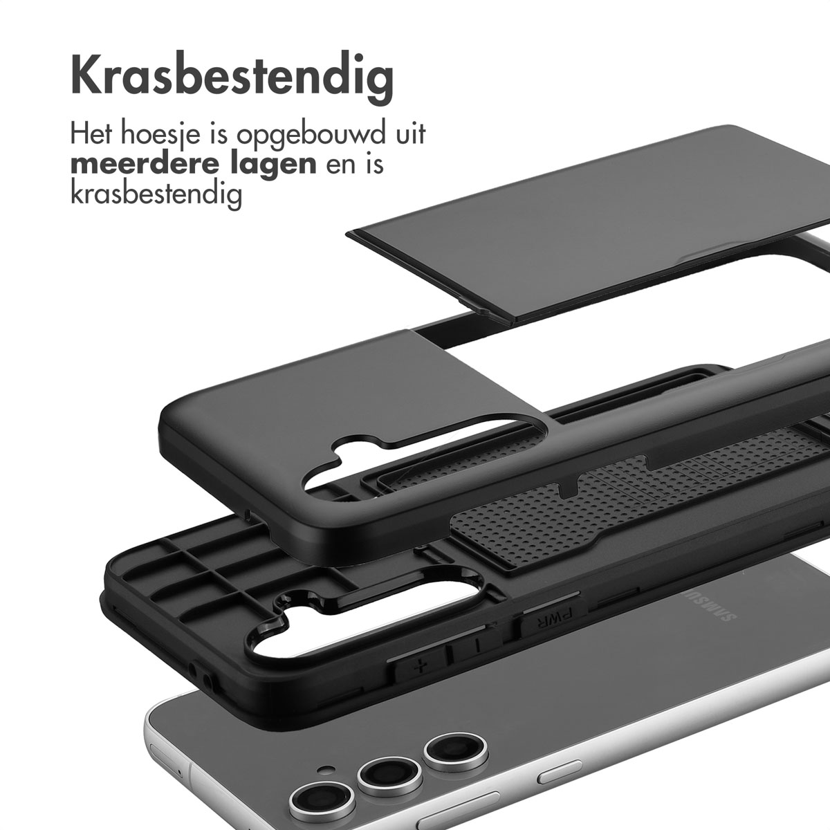 Exploded view van een zwarte telefoonhoes. Lagen zijn onder meer een buitenschaal, een tussenlaag en een telefoon.
